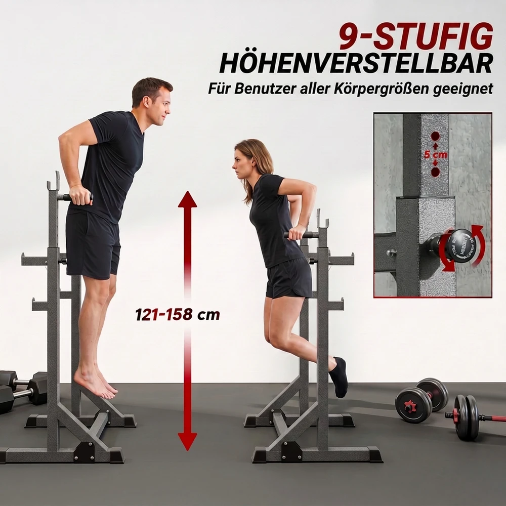 Štangos stovas reguliuojamo aukščio ir pločio, iki 150 kg, juodas, 60–87 × 65 × 121–158 cm