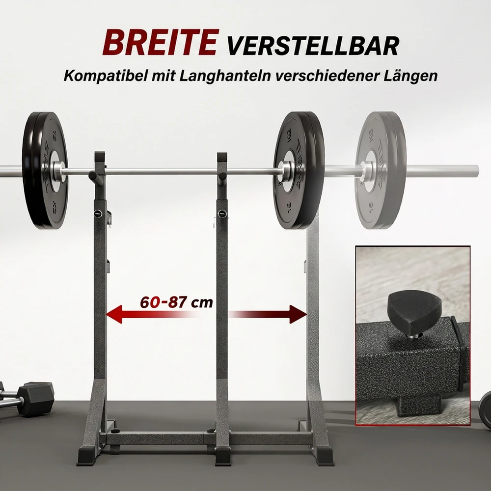 Štangos stovas reguliuojamo aukščio ir pločio, iki 150 kg, juodas, 60–87 × 65 × 121–158 cm