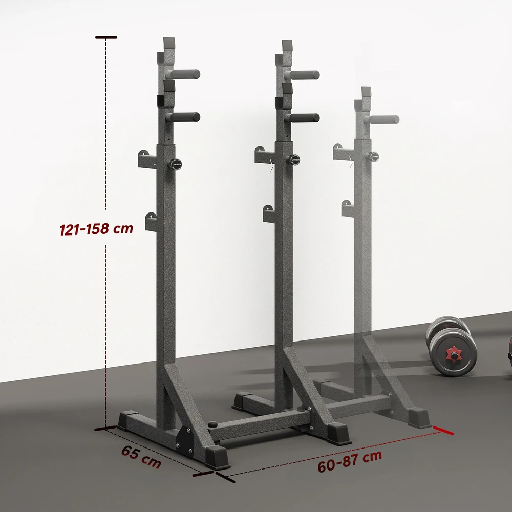 Štangos stovas reguliuojamo aukščio ir pločio, iki 150 kg, juodas, 60–87 × 65 × 121–158 cm