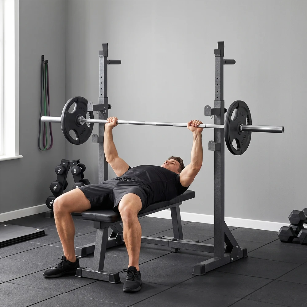Štangos stovas reguliuojamo aukščio ir pločio, iki 150 kg, juodas, 60–87 × 65 × 121–158 cm