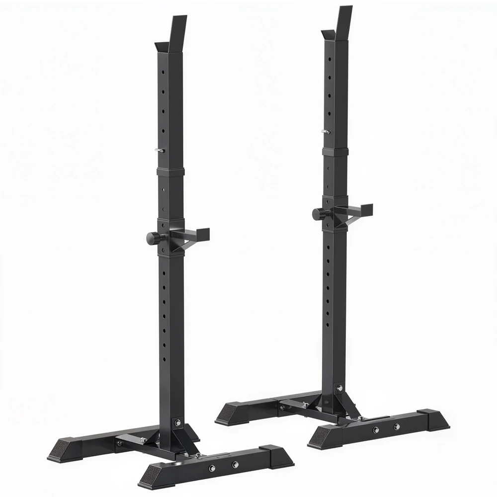 "HOMCOM" Stovas štangoms, 2 vnt., stovas štangoms, reguliuojamo aukščio stovas štangoms, štangos su guminėmis kojelėmis, 105-160 cm, jėgos treniruotėms, iki 150 kg, plienas
