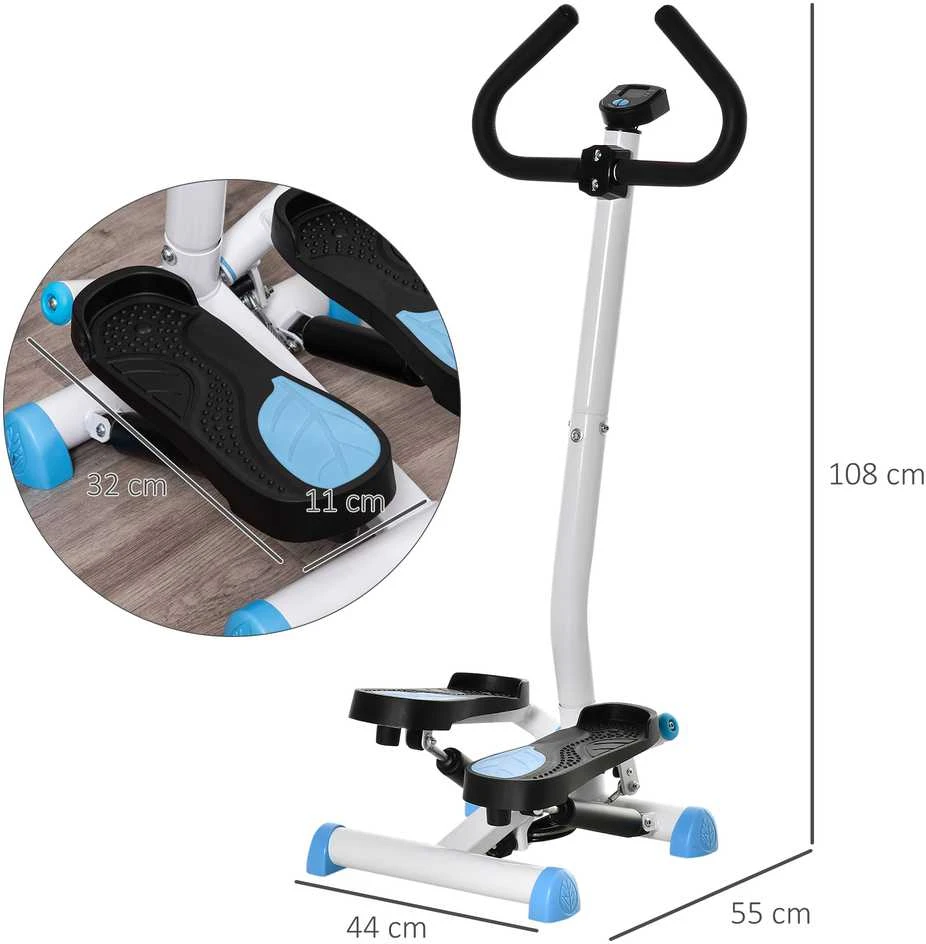 HOMCOM treniruoklis „Swing Stepper“ su LCD ekranu ir rankena, namų treniruoklis iki 100 kg, plienas/ABS, mėlynas, 55 x 44 x 108 cm | Aosom