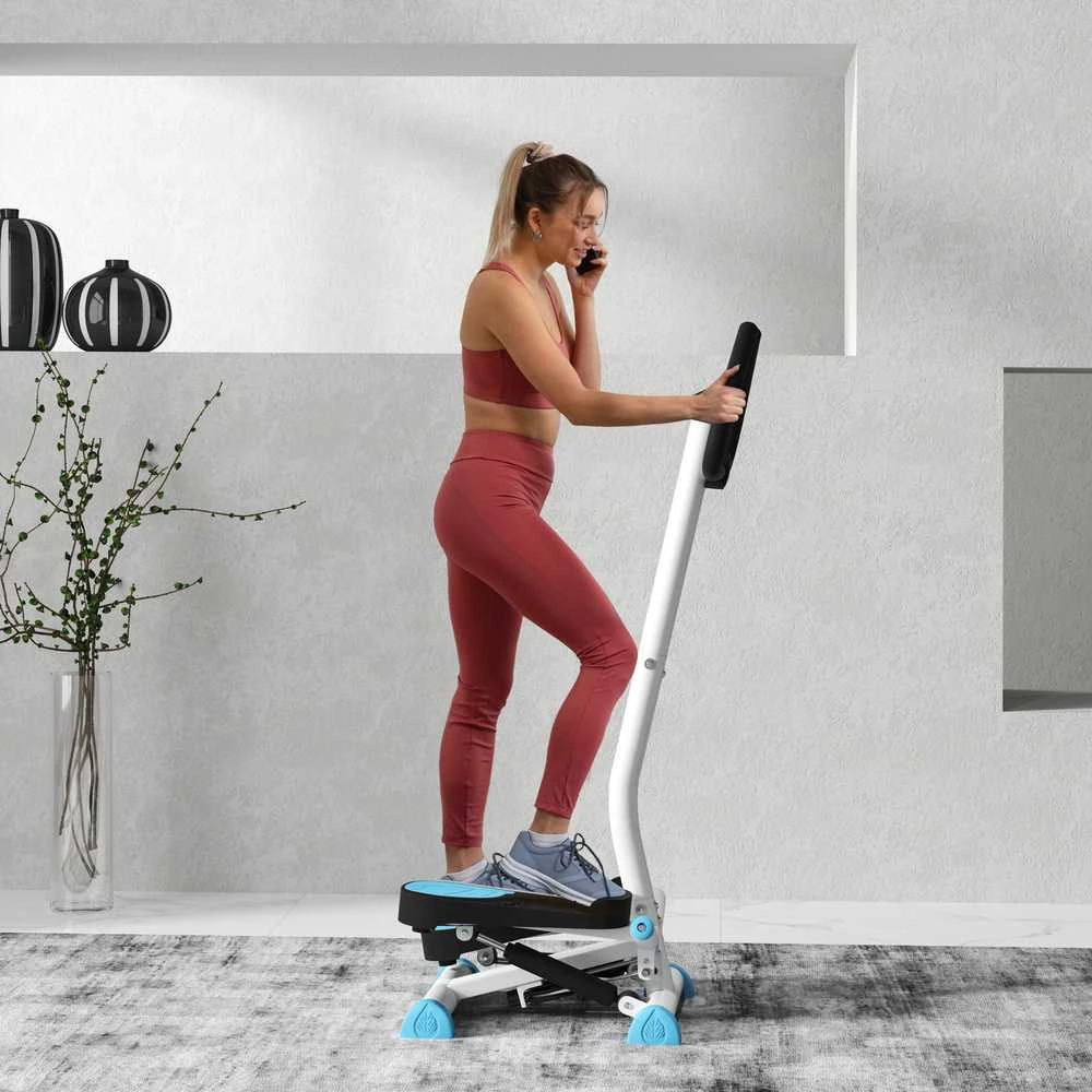 HOMCOM treniruoklis „Swing Stepper“ su LCD ekranu ir rankena, namų treniruoklis iki 100 kg, plienas/ABS, mėlynas, 55 x 44 x 108 cm | Aosom