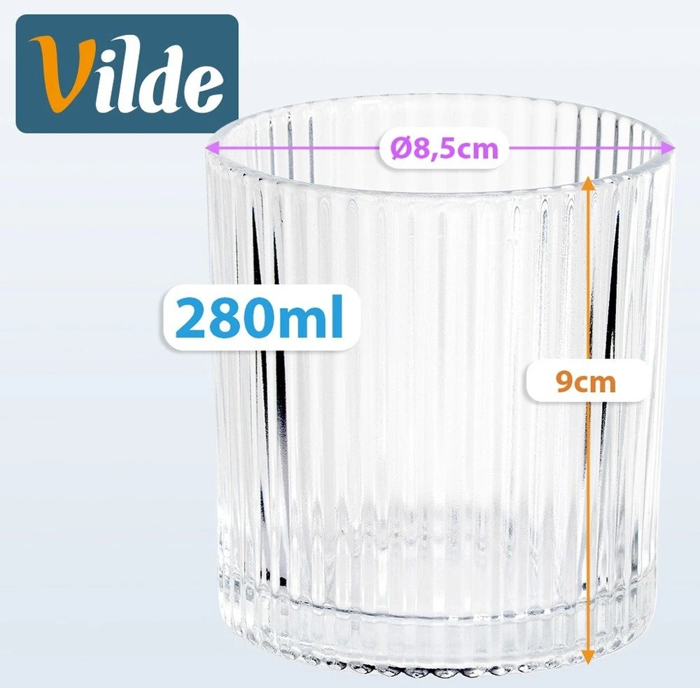Stiklinės iš rantuoto stiklo, 280 ml, 8,5 × 8,5 × 9 cm, 6 vnt.