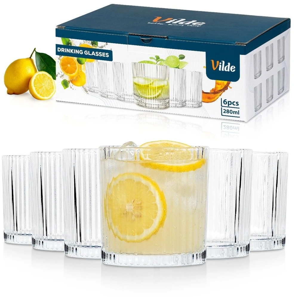 Stiklinės iš rantuoto stiklo, 280 ml, 8,5 × 8,5 × 9 cm, 6 vnt.