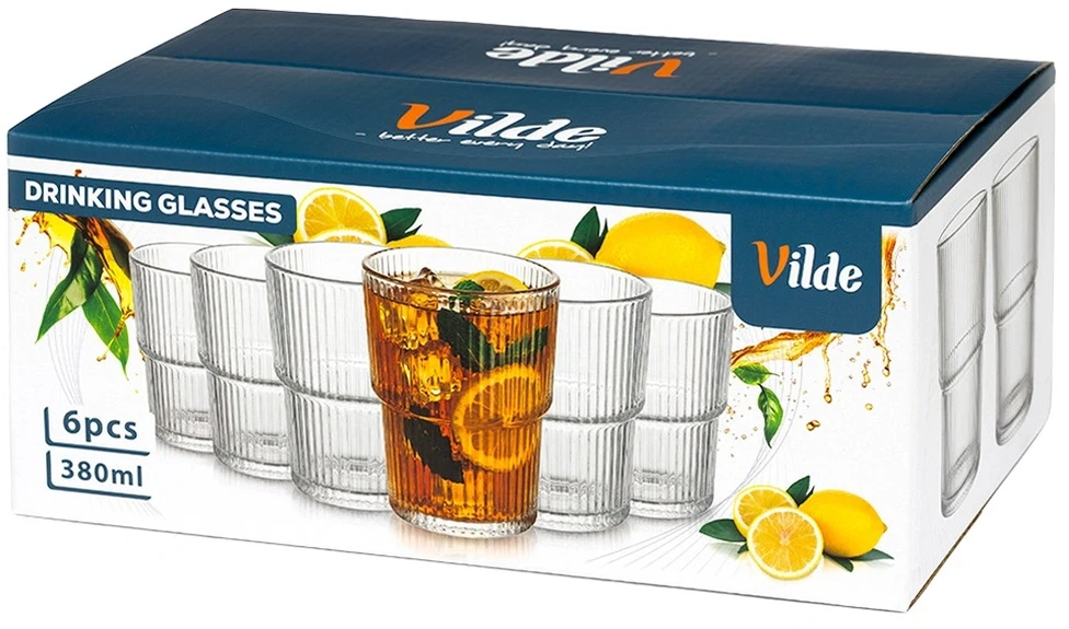Stiklinės, rievėtos, skaidrios, 380 ml, 6 vnt.