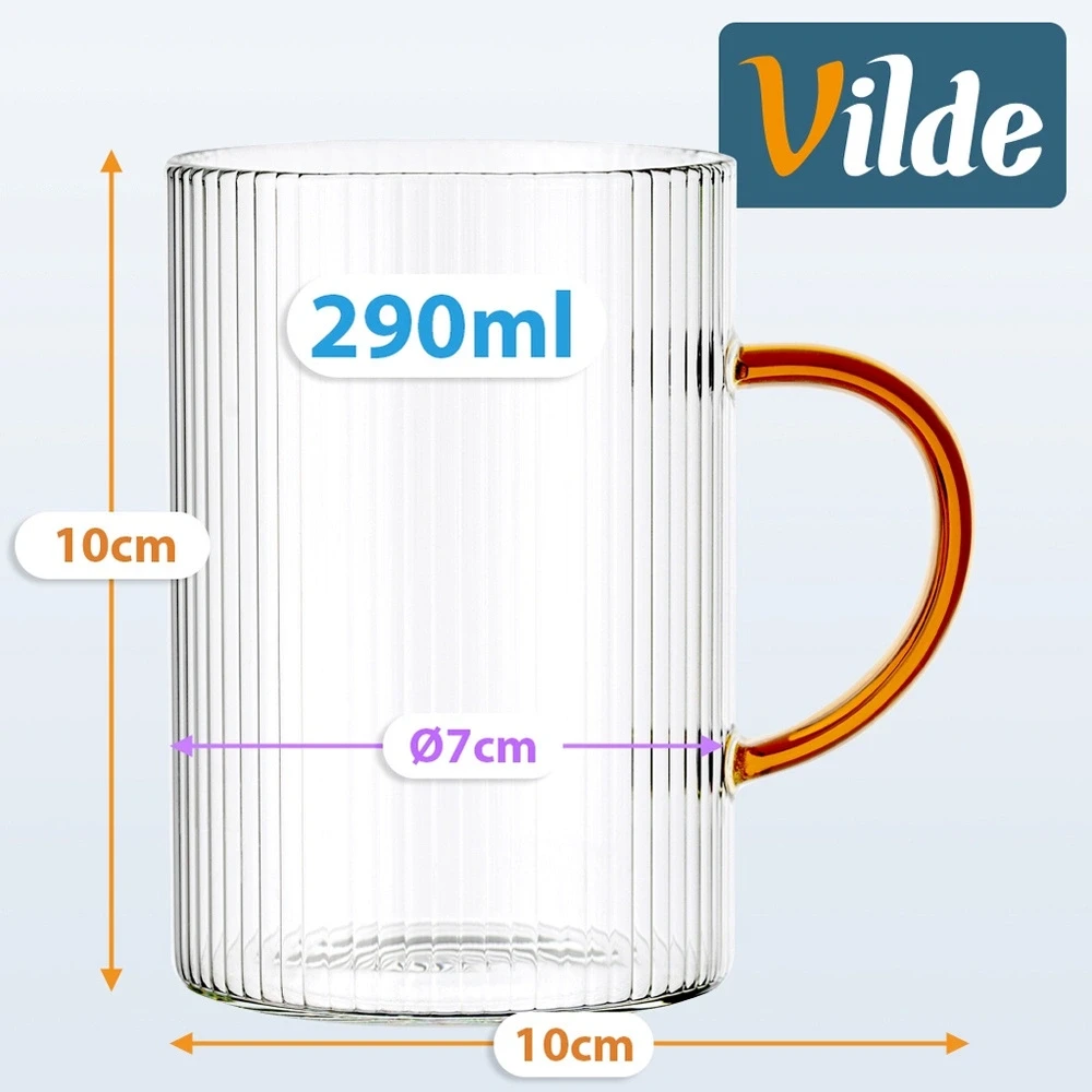 Stikliniai puodeliai su rankenėlėmis, 290 ml, skaidrūs, 10 × 7 × 10 cm, 6 vnt.