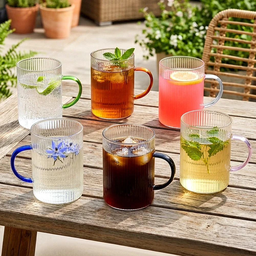 Stikliniai puodeliai su rankenėlėmis, 290 ml, skaidrūs, 10 × 7 × 10 cm, 6 vnt.