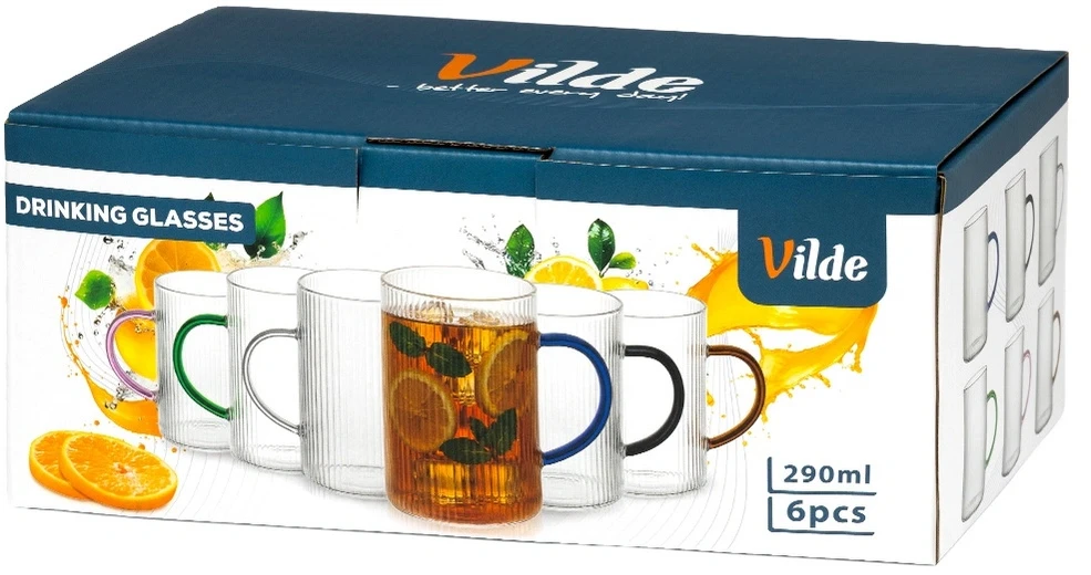 Stikliniai puodeliai su rankenėlėmis, 290 ml, skaidrūs, 10 × 7 × 10 cm, 6 vnt.