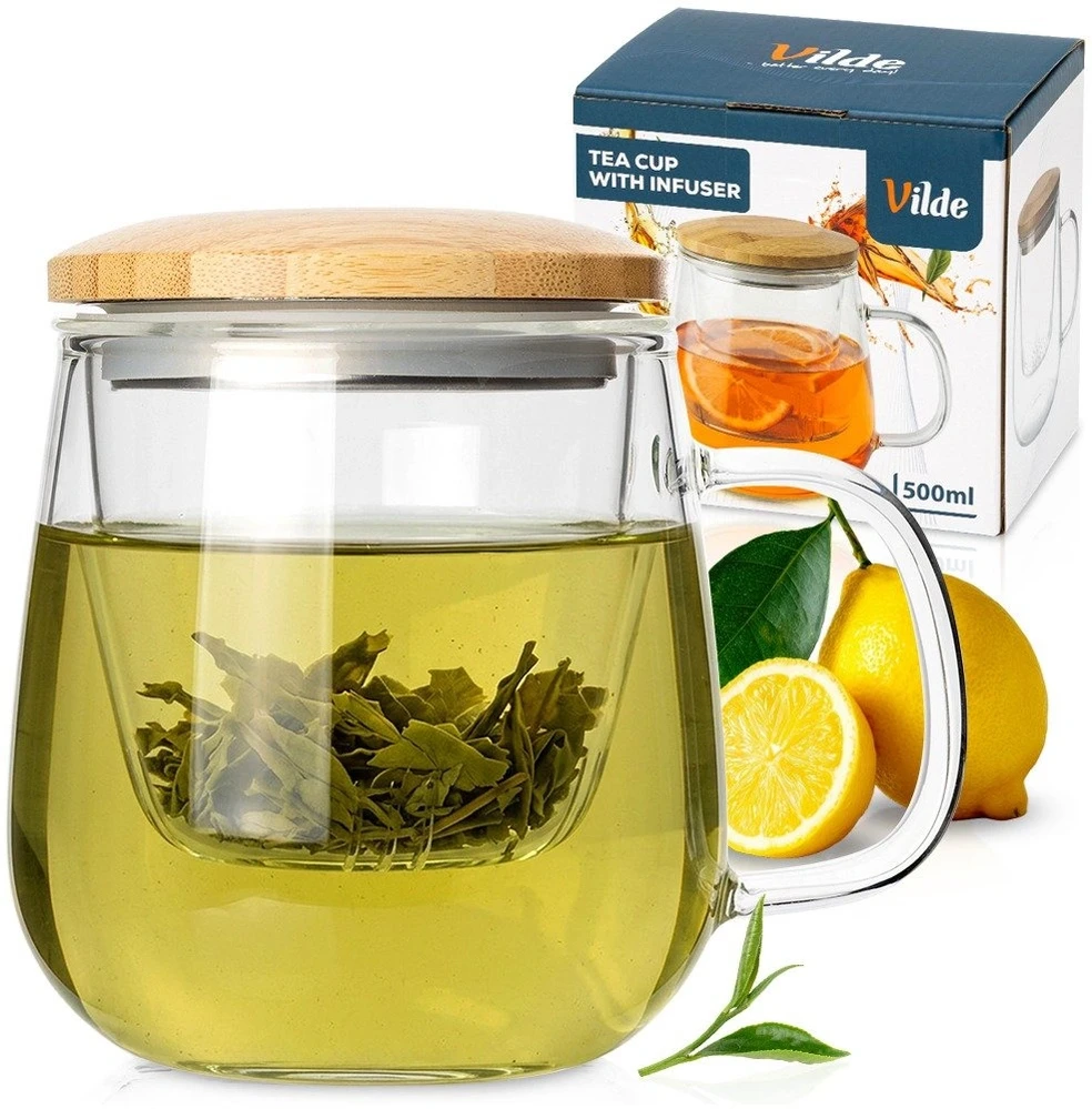 Stiklinis puodelis su sieteliu ir dangteliu, 500 ml, skaidrus, 13 × 9,5 × 12 cm