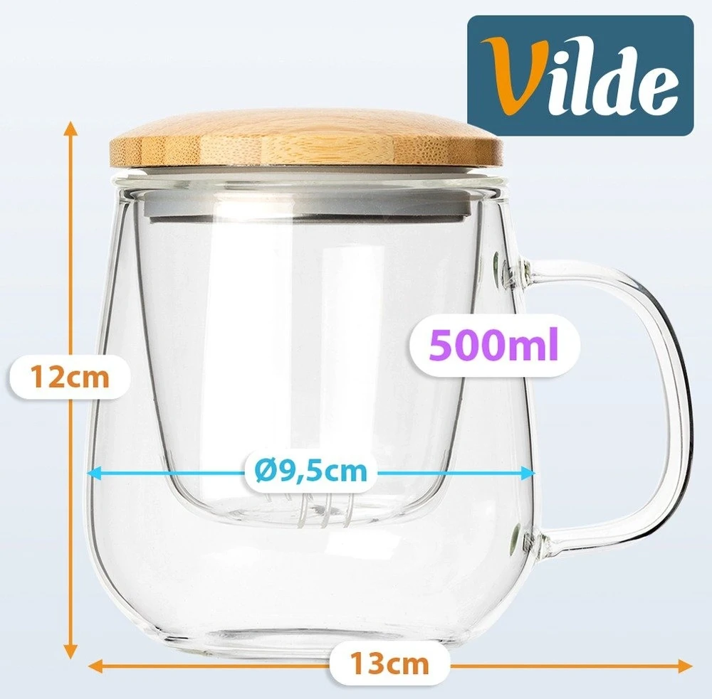 Stiklinis puodelis su sieteliu ir dangteliu, 500 ml, skaidrus, 13 × 9,5 × 12 cm