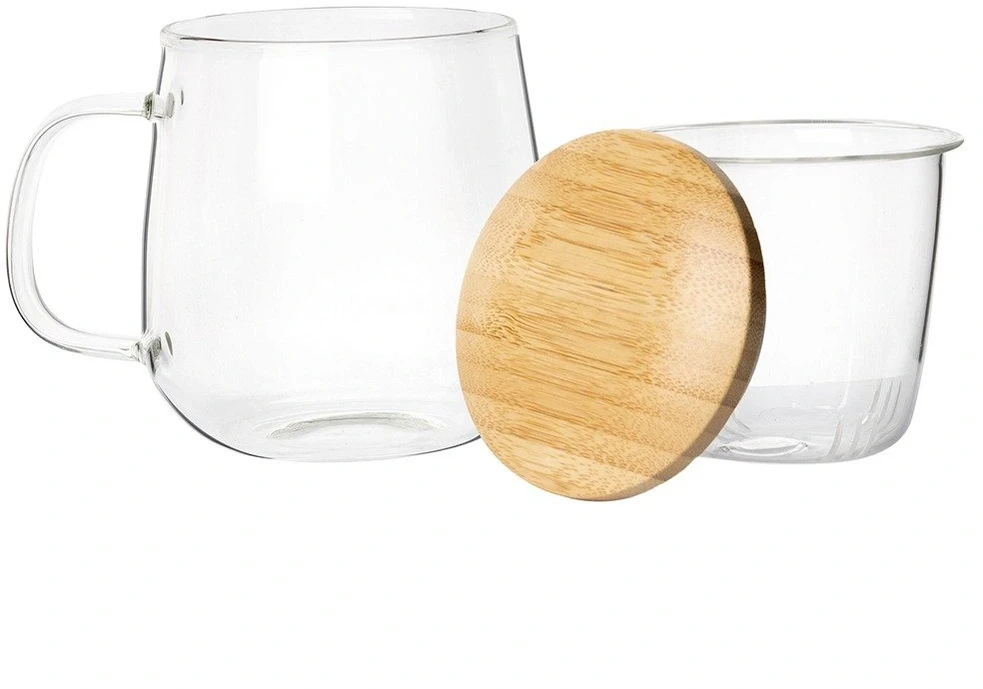 Stiklinis puodelis su sieteliu ir dangteliu, 500 ml, skaidrus, 13 × 9,5 × 12 cm