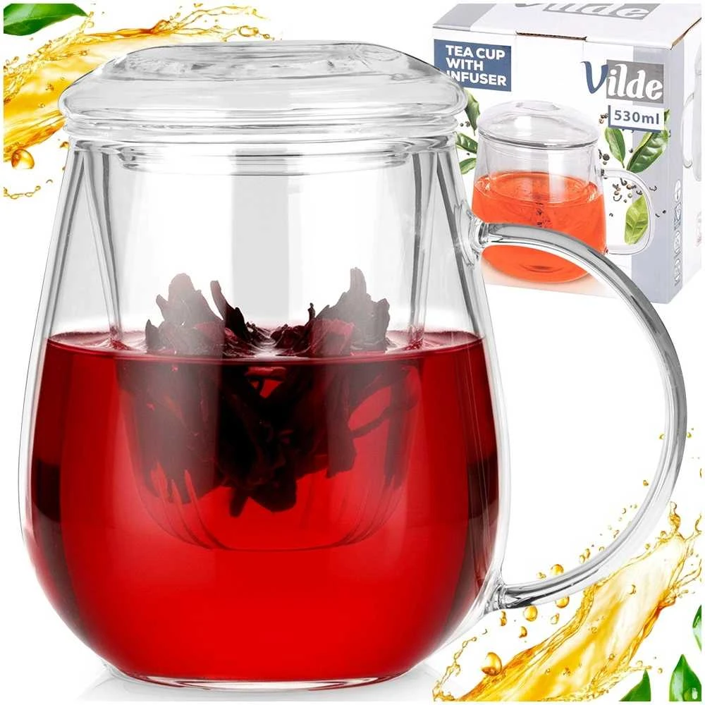 Stiklinis puodelis Vilde su sieteliu ir dangteliu 530 ml