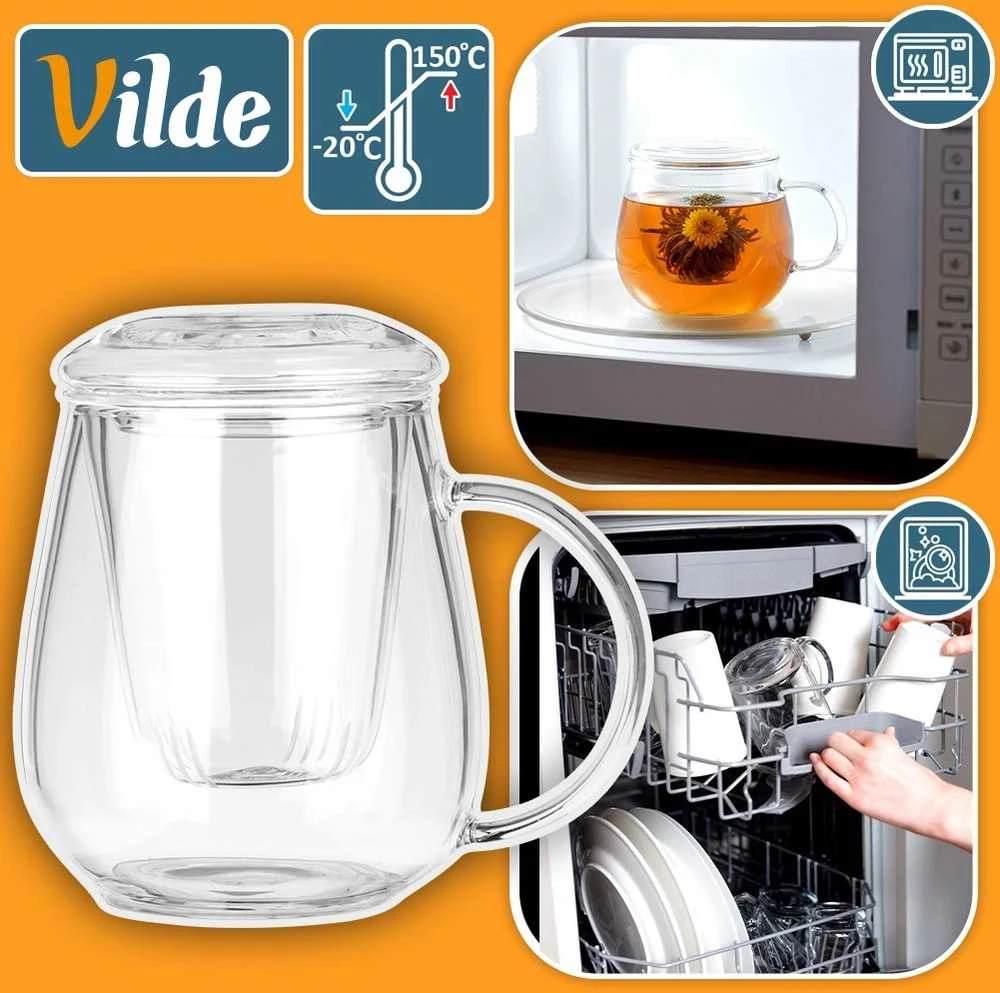Stiklinis puodelis Vilde su sieteliu ir dangteliu 530 ml