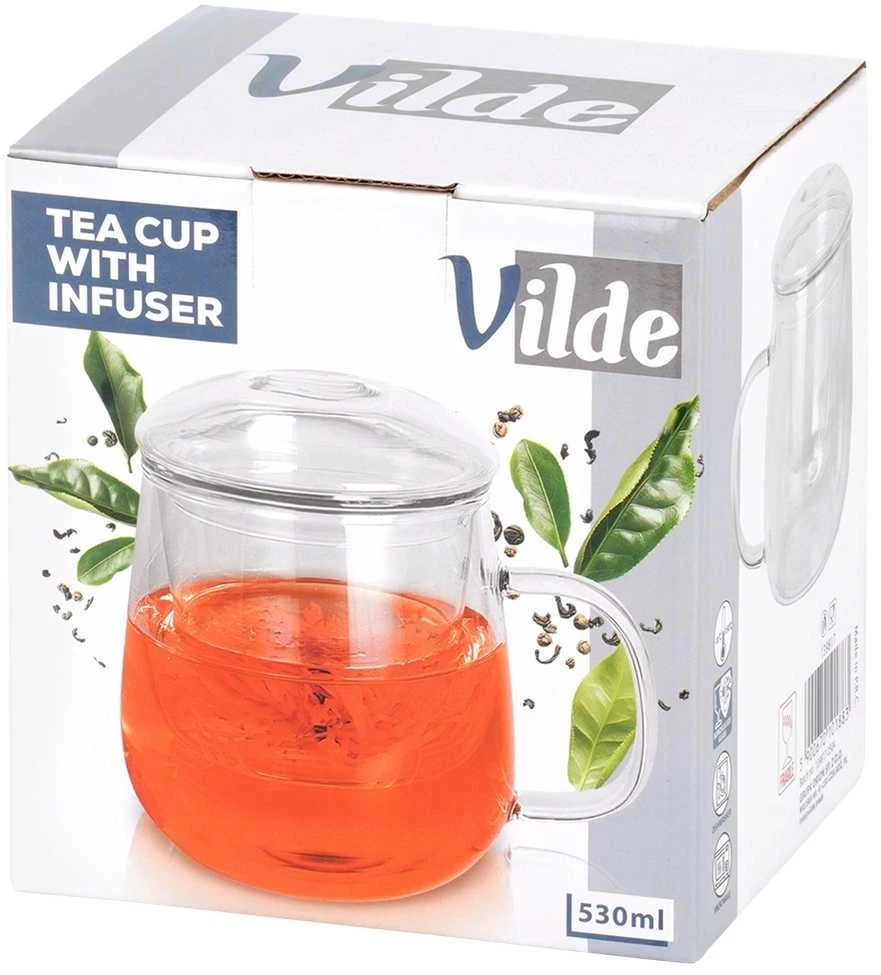 Stiklinis puodelis Vilde su sieteliu ir dangteliu 530 ml