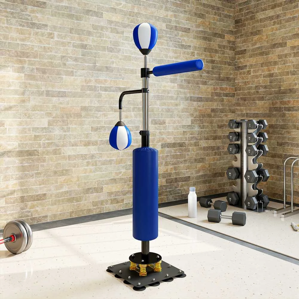 SPORTNOW bokso stovas, du greičio kamuoliai, besisukanti bokso rankena, kojų smūgių pagalvėlė, reguliuojamo aukščio, plienas, 107 x 36 x 140-205 cm, mėlynas