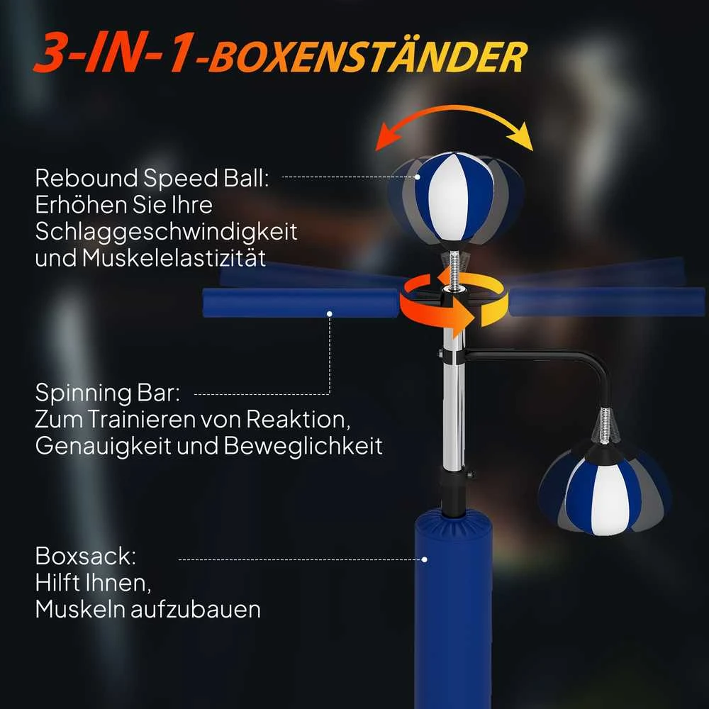 SPORTNOW bokso stovas, du greičio kamuoliai, besisukanti bokso rankena, kojų smūgių pagalvėlė, reguliuojamo aukščio, plienas, 107 x 36 x 140-205 cm, mėlynas