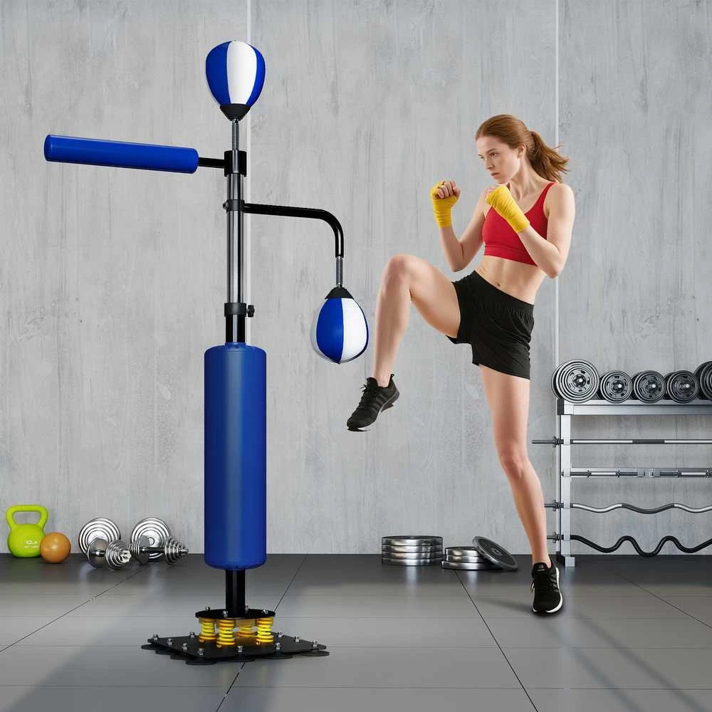 SPORTNOW bokso stovas, du greičio kamuoliai, besisukanti bokso rankena, kojų smūgių pagalvėlė, reguliuojamo aukščio, plienas, 107 x 36 x 140-205 cm, mėlynas