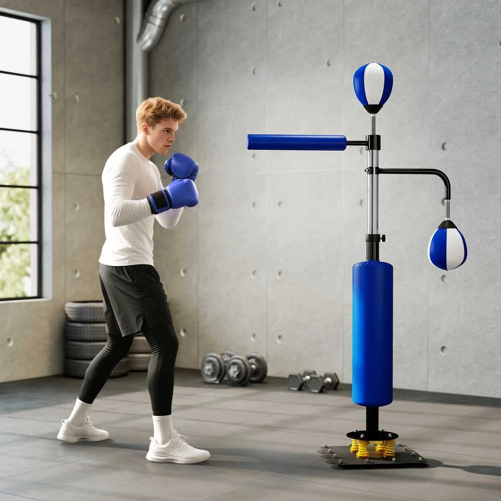 SPORTNOW bokso stovas, du greičio kamuoliai, besisukanti bokso rankena, kojų smūgių pagalvėlė, reguliuojamo aukščio, plienas, 107 x 36 x 140-205 cm, mėlynas