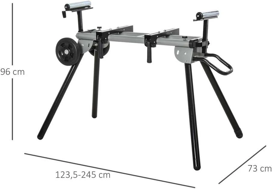 DURHAND skersavimo pjūklo stovas, darbo stalas, juodas+sidabrinis, šoninis prailginimas 123,5-245 cm