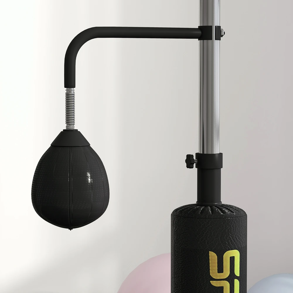 SPORTNOW bokso stovas, du greičio kamuoliai, besisukantis bokso strypas, smūgio pagalvė, reguliuojamo aukščio, plienas, 107 x 36 x 140-205 cm, juodas