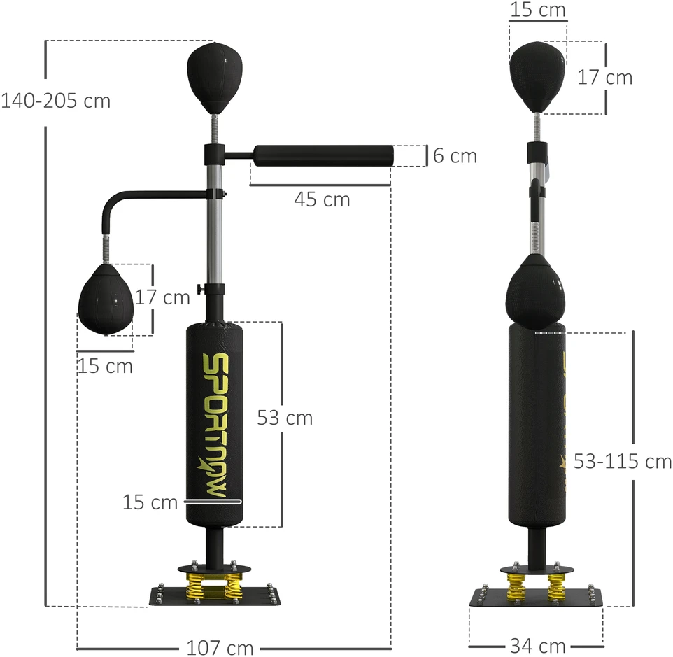 SPORTNOW bokso stovas, du greičio kamuoliai, besisukantis bokso strypas, smūgio pagalvė, reguliuojamo aukščio, plienas, 107 x 36 x 140-205 cm, juodas