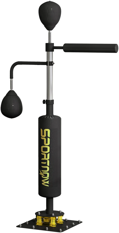 SPORTNOW bokso stovas, du greičio kamuoliai, besisukantis bokso strypas, smūgio pagalvė, reguliuojamo aukščio, plienas, 107 x 36 x 140-205 cm, juodas