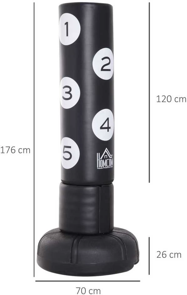 HOMCOM pastatomas bokso maišas 176 cm suaugusiesiems, laisvai stovintis, tvirtas, su stovu ir vinilo paminkštinimu, bokso partneris, bokso treniruoklis, juodas