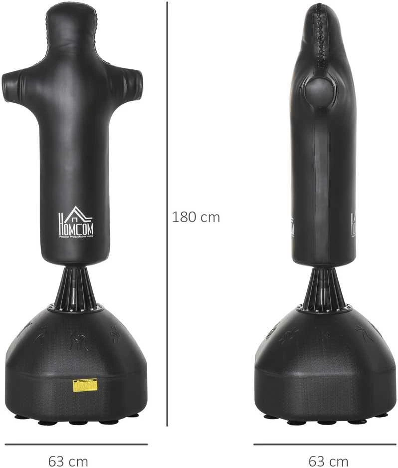 HOMCOM pastatomas bokso maišas, 180 cm, suaugusiems, bokso manekenas, bokso stulpas, humanoidinio dizaino, tvirtas bokso maišas profesionalams ir pradedantiesiems, juodas