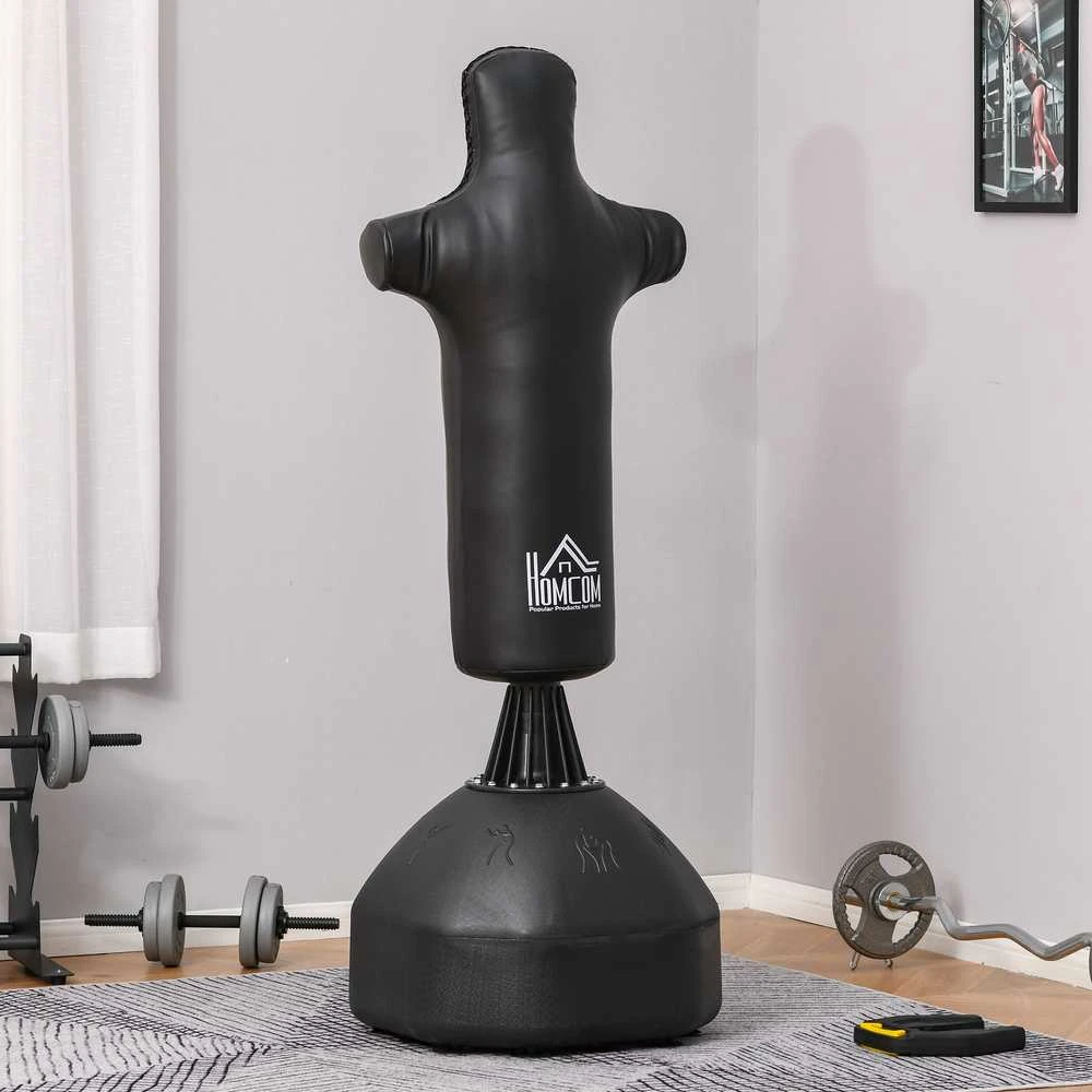 HOMCOM pastatomas bokso maišas, 180 cm, suaugusiems, bokso manekenas, bokso stulpas, humanoidinio dizaino, tvirtas bokso maišas profesionalams ir pradedantiesiems, juodas