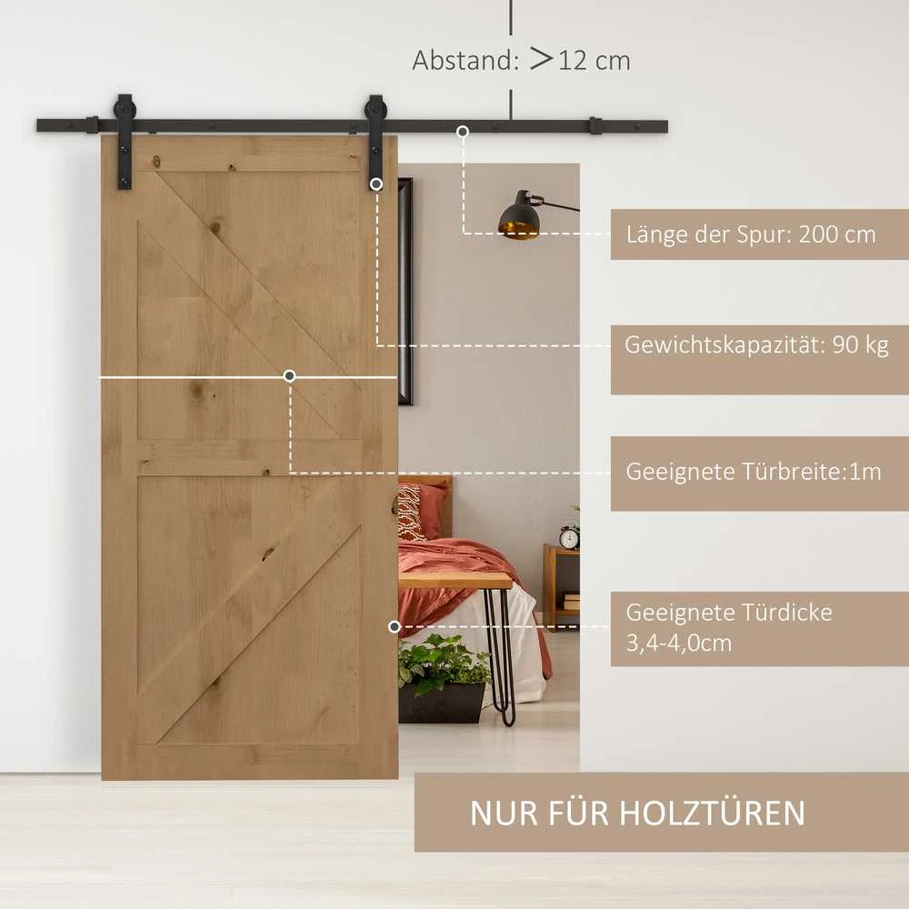 "HOMCOM" Stumdomųjų durų montavimo rinkinys 200 cm, komplektas su bėgeliais, ritinėliais, bėgių ribotuvu, grindų blokeliu, durų varžtų rinkiniu, anglinio plieno stumdomųjų durų sistema, juoda