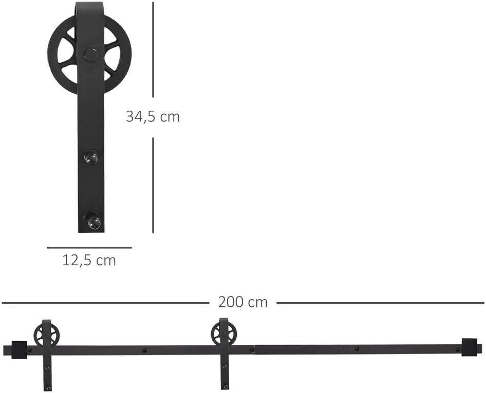 HOMCOM stumdomų durų furnitūros komplektas 200 cm, pilnas komplektas su bėgeliais, ratukais, bėgelių stabdikliais, grindų kreipiančiąja, durų varžtų rinkiniu, anglinio plieno stumdomų durų sistema, juodas