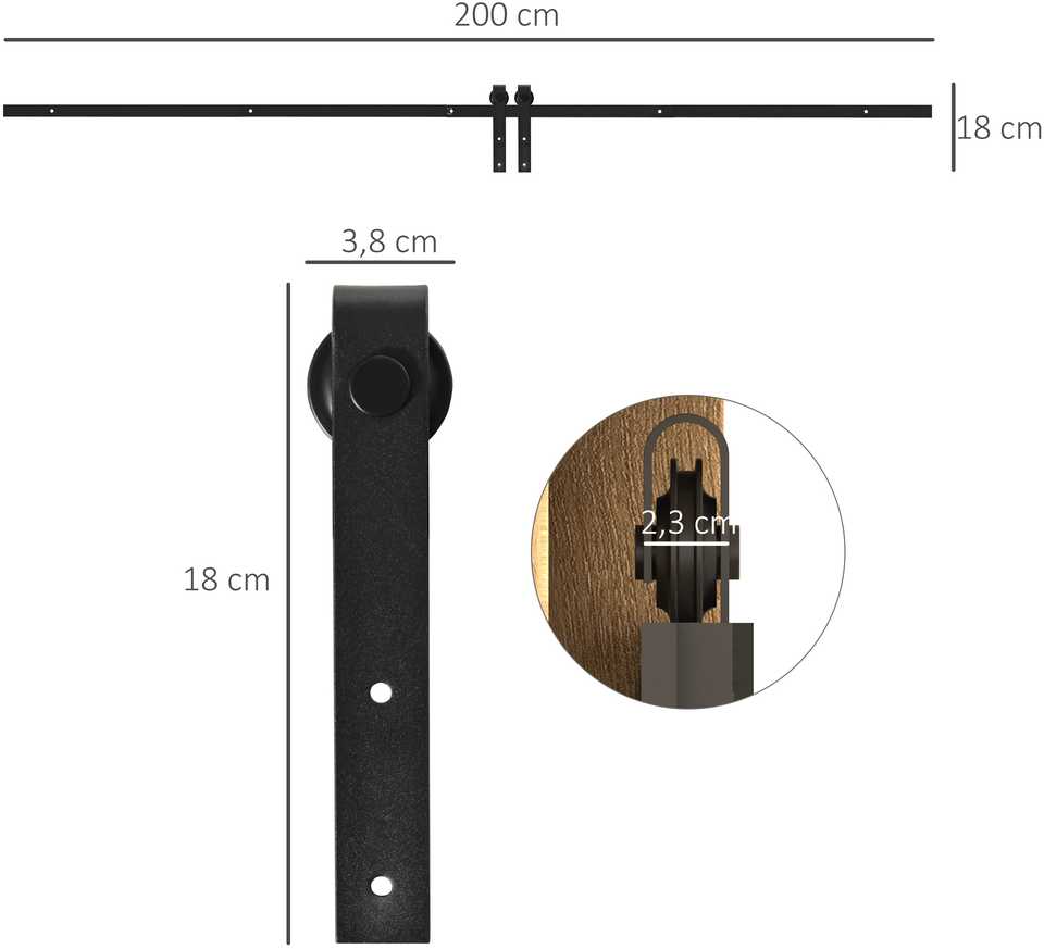 HOMCOM stumdomų durų mechanizmas vienoms stumdomoms durims, bėgelis su priedais, anglinis plienas, juodas, 200x0,6x18 cm