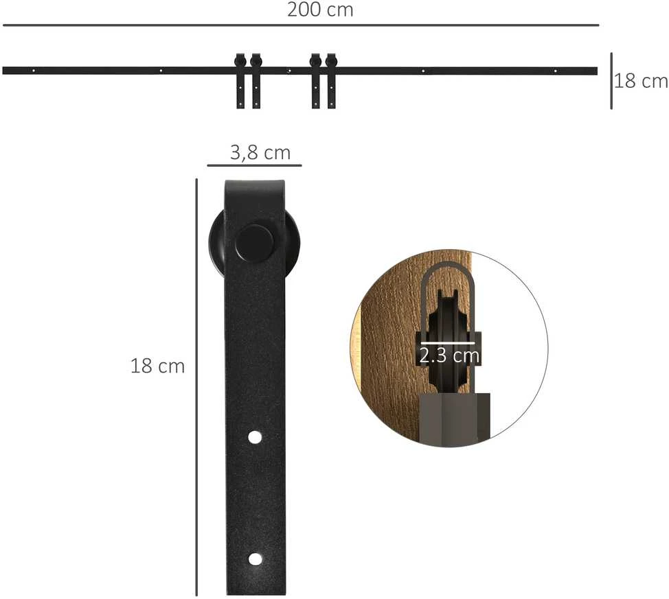 HOMCOM stumdomų durų mechanizmas dviguboms durims, bėgelis su priedais, anglinis plienas, juodas, 200x0,6x18 cm