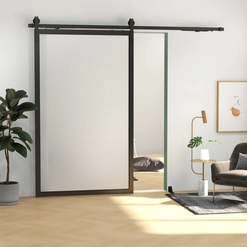 HOMCOM stumdomų durų furnitūros komplektas 244 cm, pilnas rinkinys su bėgeliais, ratukais, apsauga nuo nušokimo, durų stabdikliais, grindų kreipiančiąja, stumdomų durų sistema iš anglinio plieno, juodas