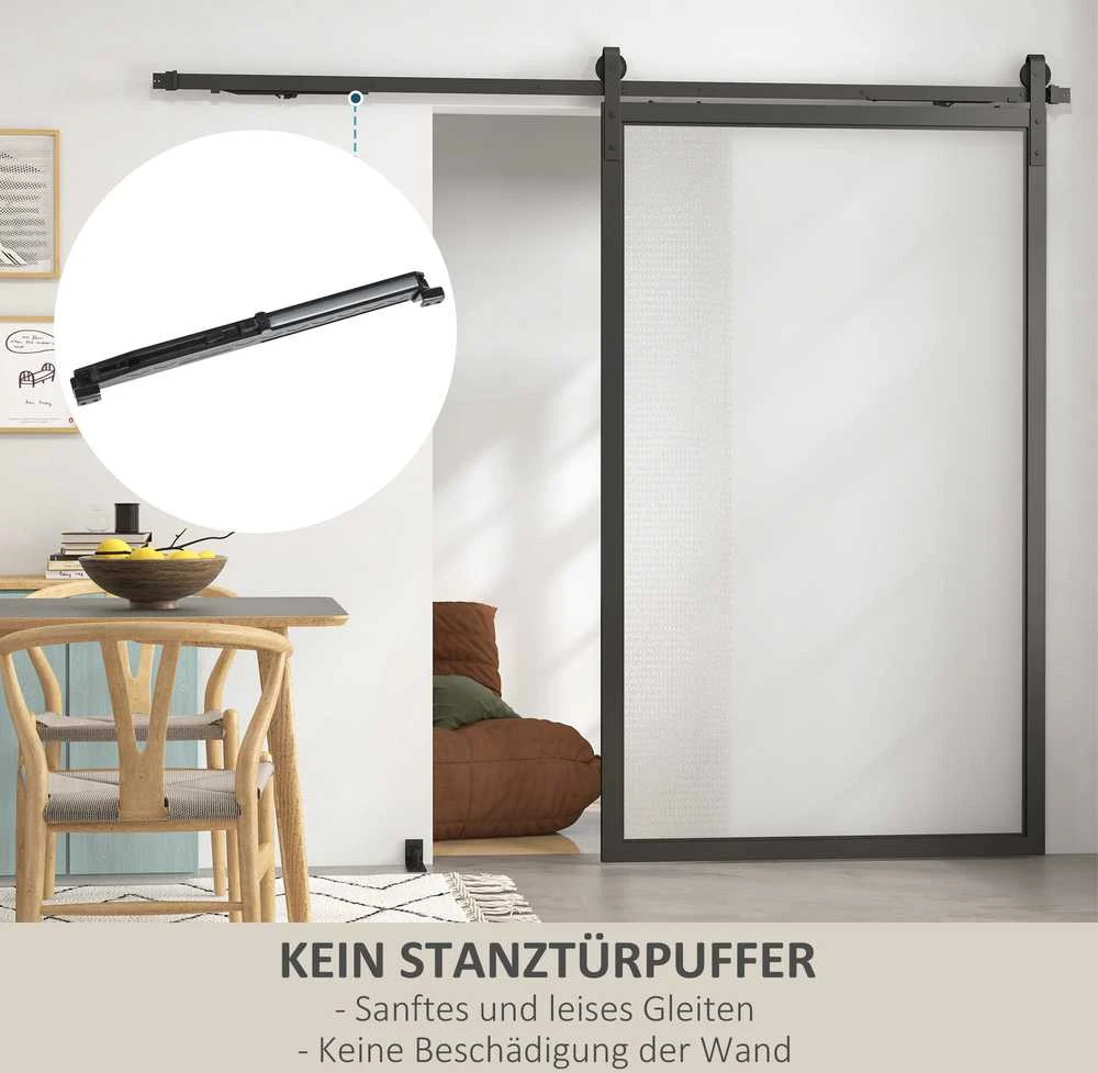 HOMCOM stumdomų durų furnitūros komplektas 244 cm, pilnas rinkinys su bėgeliais, ratukais, apsauga nuo nušokimo, durų stabdikliais, grindų kreipiančiąja, stumdomų durų sistema iš anglinio plieno, juodas