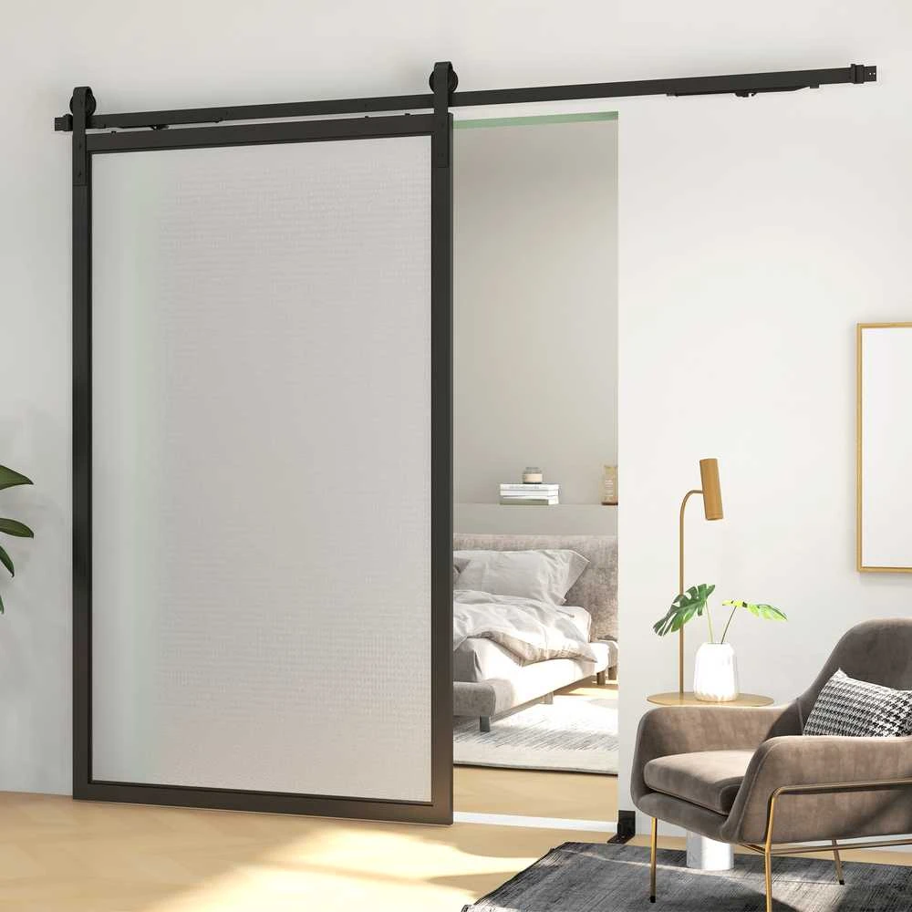 HOMCOM stumdomų durų furnitūros komplektas 244 cm, pilnas rinkinys su bėgeliais, ratukais, apsauga nuo nušokimo, durų stabdikliais, grindų kreipiančiąja, stumdomų durų sistema iš anglinio plieno, juodas