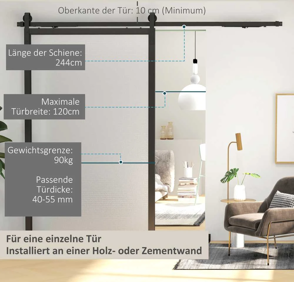 HOMCOM stumdomų durų furnitūros komplektas 244 cm, pilnas rinkinys su bėgeliais, ratukais, apsauga nuo nušokimo, durų stabdikliais, grindų kreipiančiąja, stumdomų durų sistema iš anglinio plieno, juodas