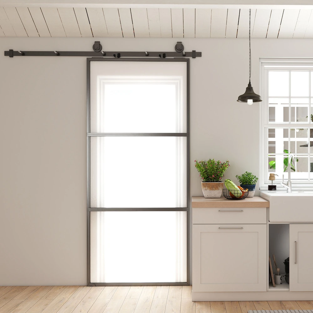 HOMCOM stumdomos durys su matiniu stiklu, bėgelių sistema, montavimo komplektu, „soft-close“ mechanizmu, juodos, plieninės