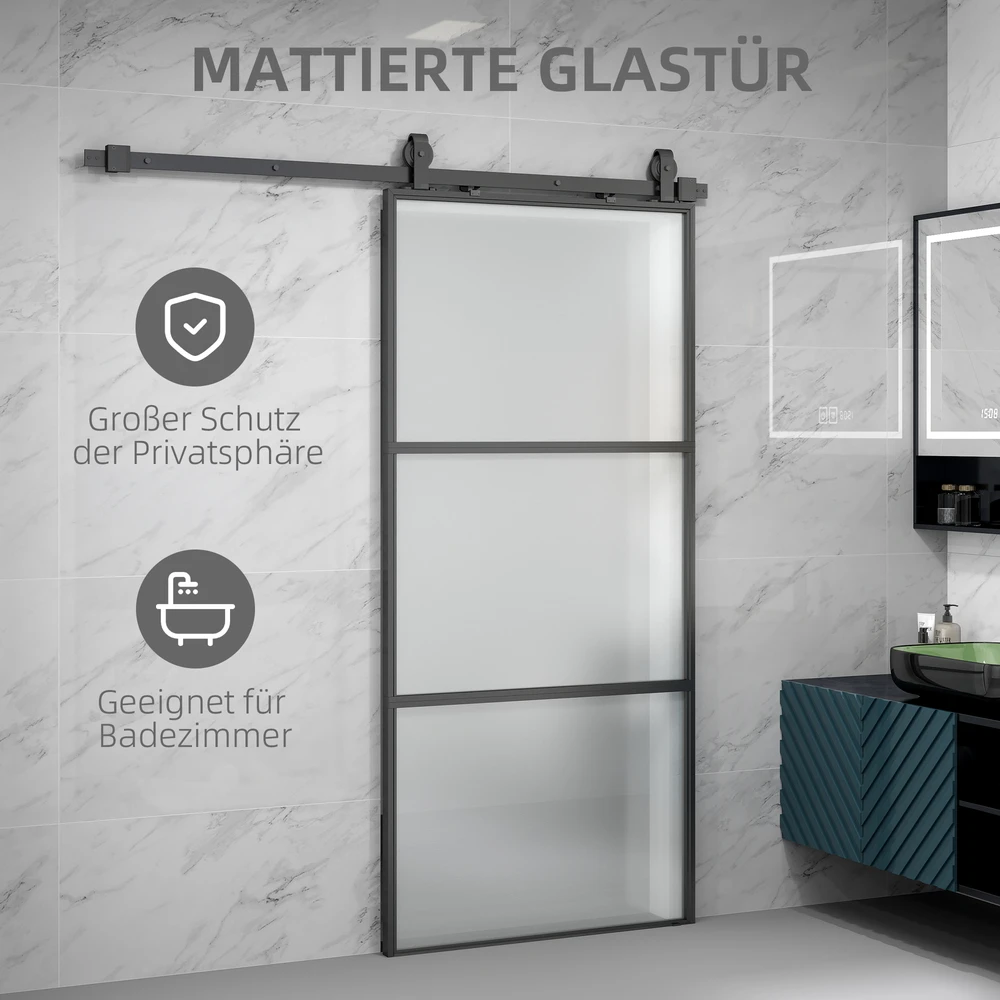 HOMCOM stumdomos durys su matiniu stiklu, bėgelių sistema, montavimo komplektu, „soft-close“ mechanizmu, juodos, plieninės