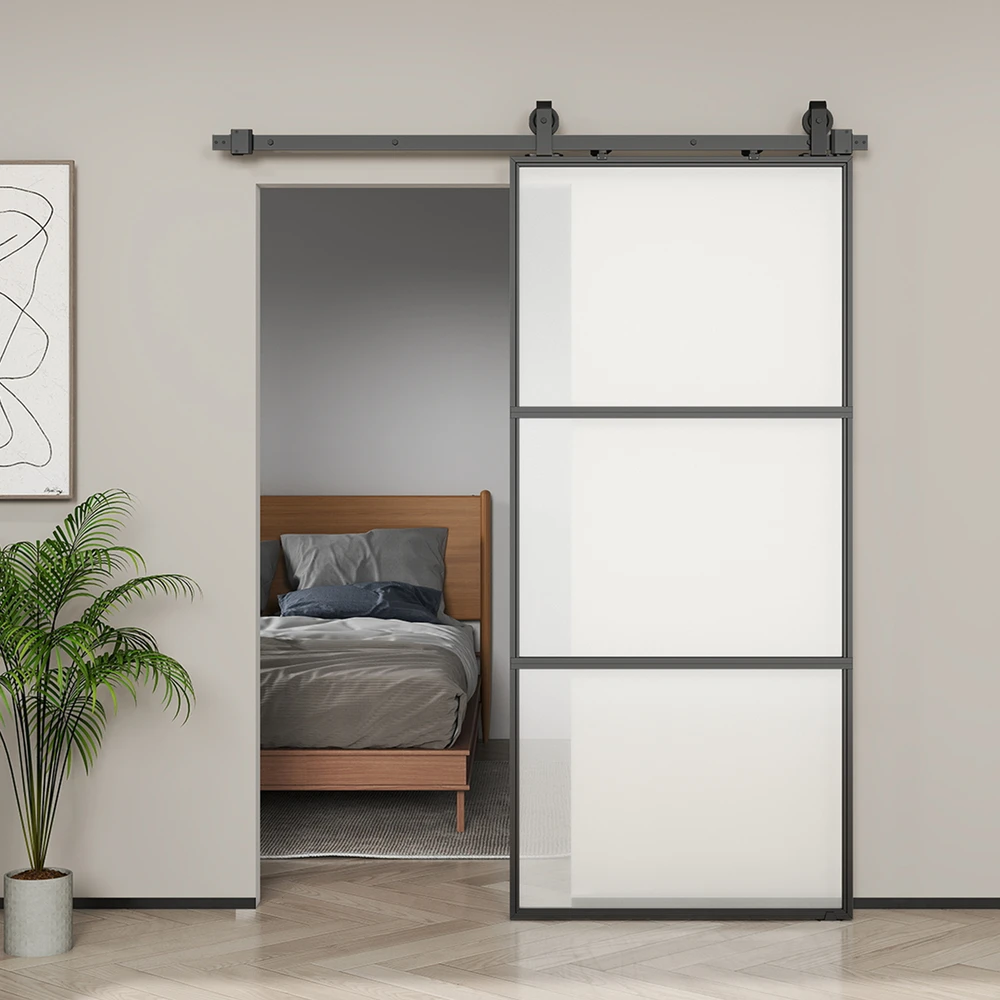 HOMCOM stumdomos durys su matiniu stiklu, bėgelių sistema, montavimo komplektu, „soft-close“ mechanizmu, juodos, plieninės
