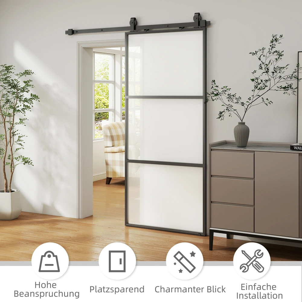 HOMCOM stumdomos durys su matiniu stiklu, bėgelių sistema, montavimo komplektu, „soft-close“ mechanizmu, juodos, plieninės