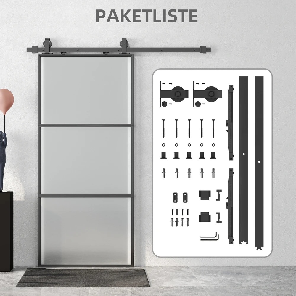 HOMCOM stumdomos durys su matiniu stiklu, bėgelių sistema, montavimo komplektu, „soft-close“ mechanizmu, juodos, plieninės
