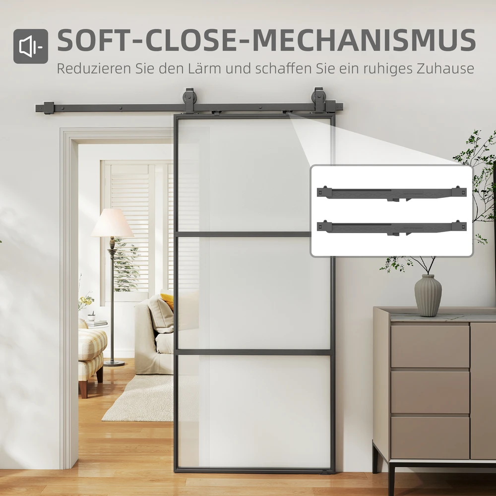 HOMCOM stumdomos durys su matiniu stiklu, bėgelių sistema, montavimo komplektu, „soft-close“ mechanizmu, juodos, plieninės