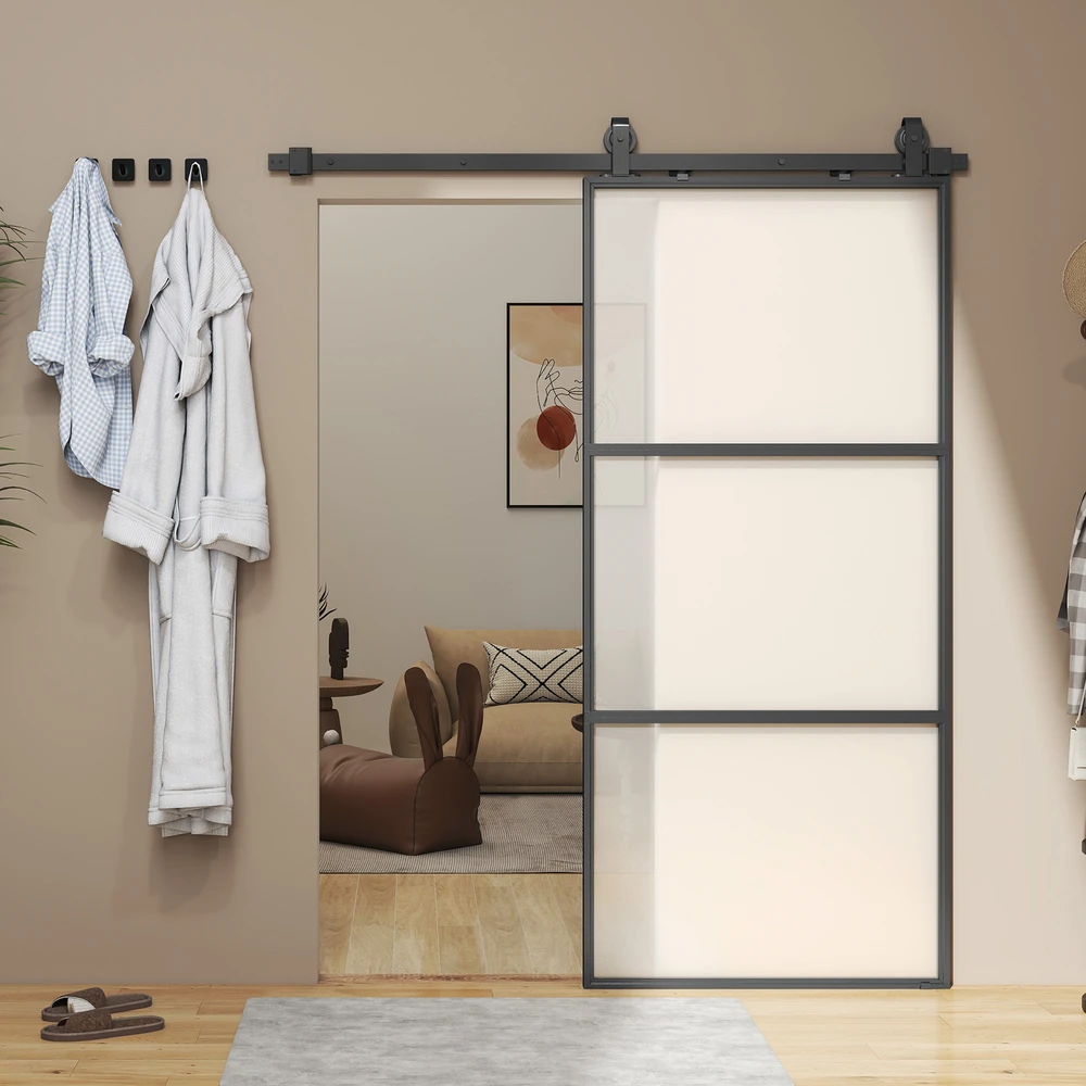 HOMCOM stumdomos durys su matiniu stiklu, bėgelių sistema, montavimo komplektu, „soft-close“ mechanizmu, juodos, plieninės