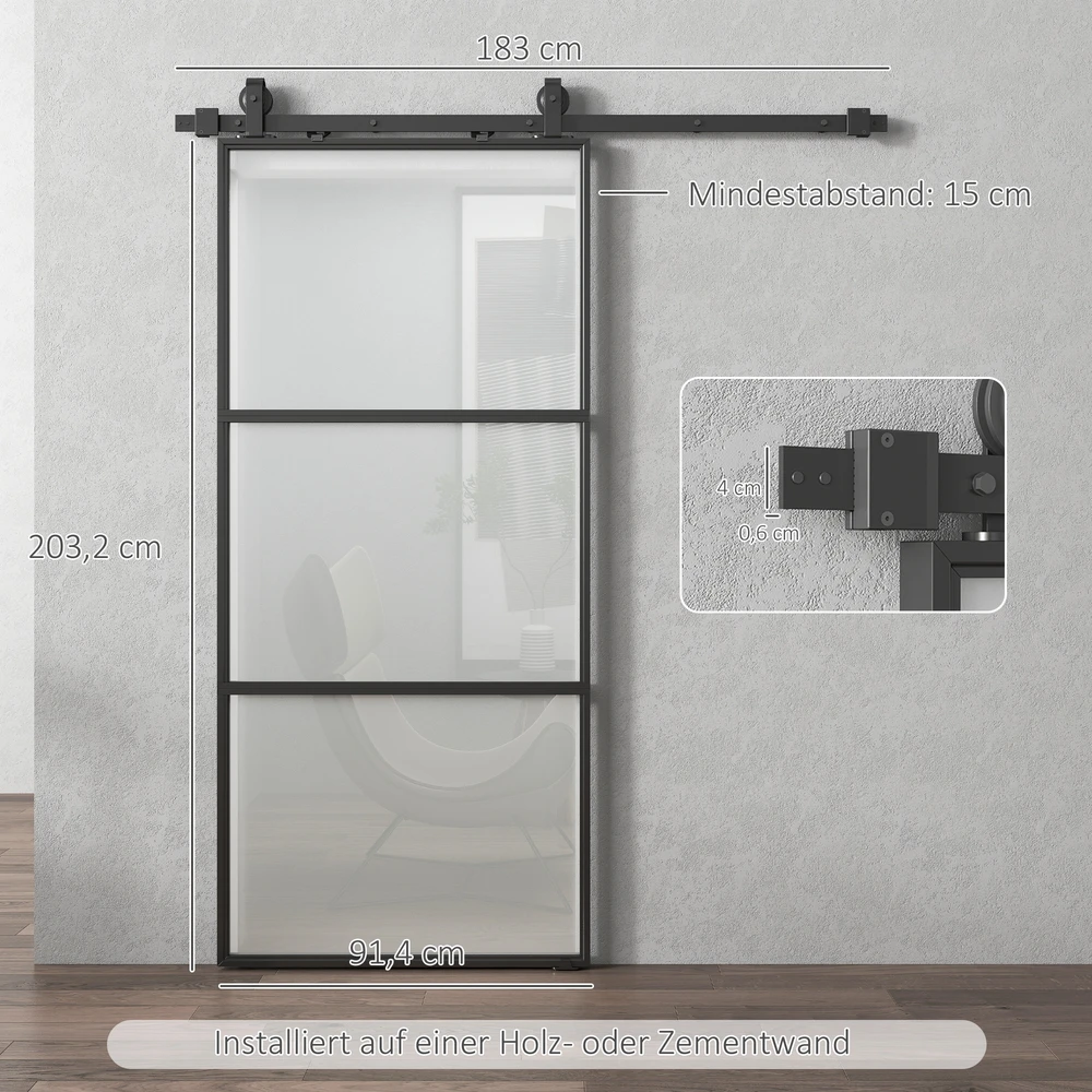 HOMCOM stumdomos durys su matiniu stiklu, bėgelių sistema, montavimo komplektu, „soft-close“ mechanizmu, juodos, plieninės