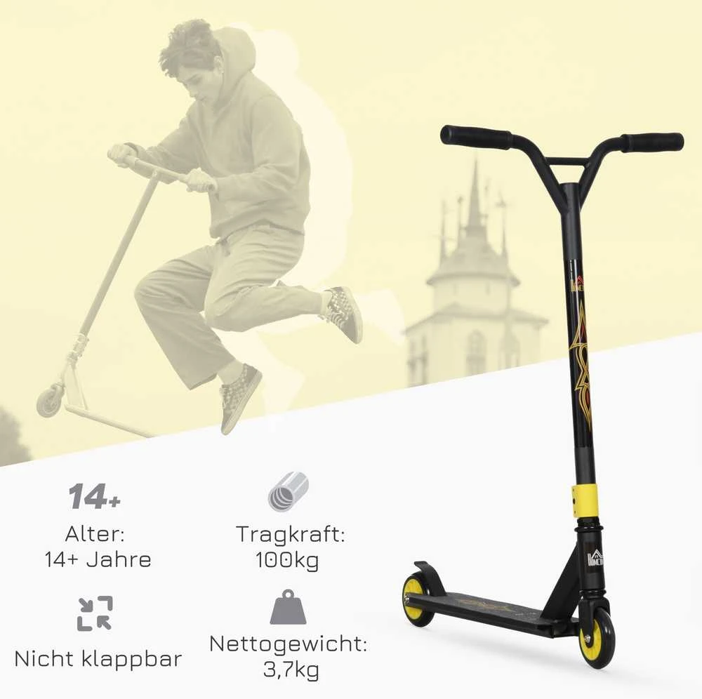 HOMCOM kaskadinis paspirtukas, triukų paspirtukas su ABEC 9 guoliais, 100 mm ratais, skirtas vaikams nuo 14 metų, auksinis