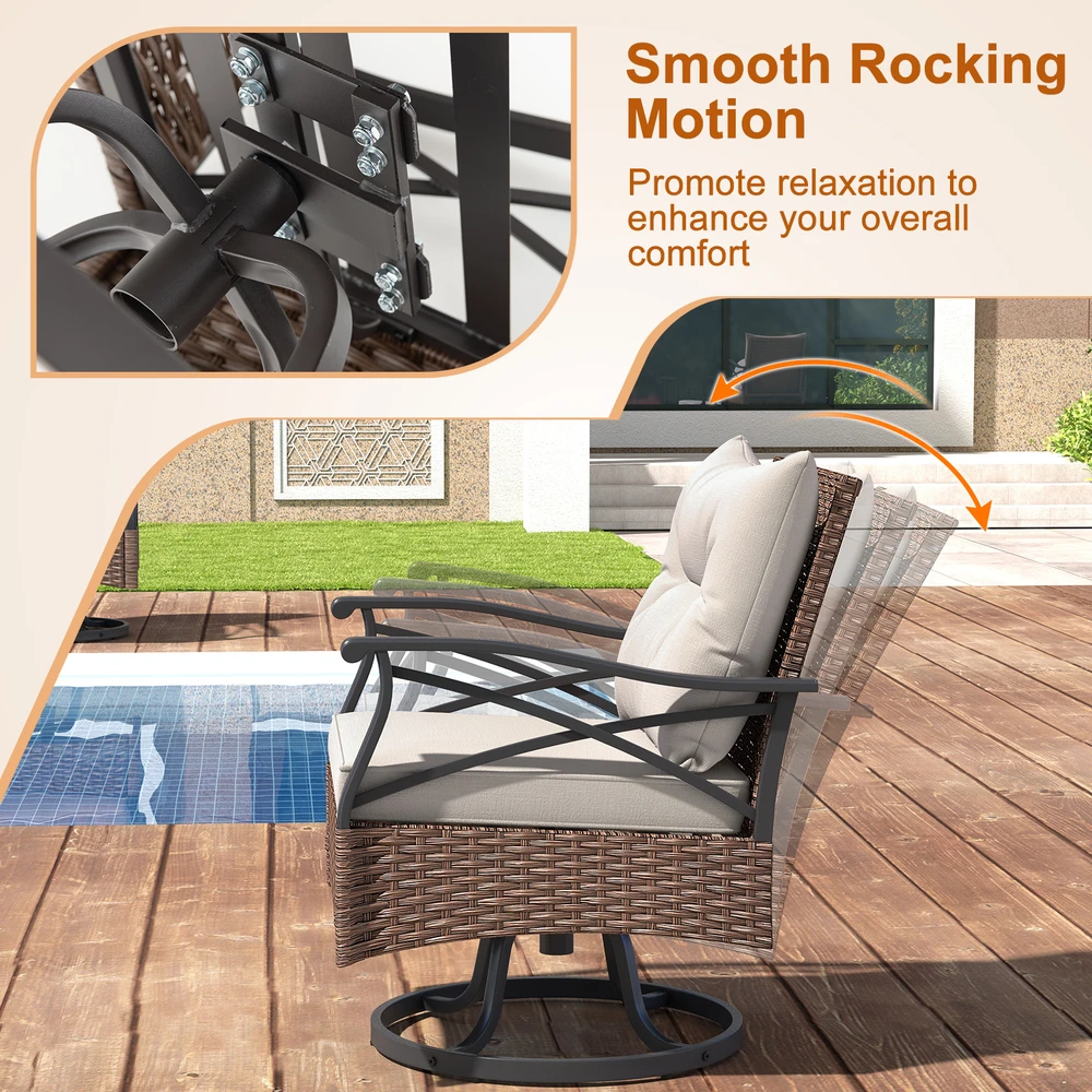 Lauko baldų komplektas Sukamų sūpyninių kėdžių ir staliuko rinkinys rudas 3 vnt.