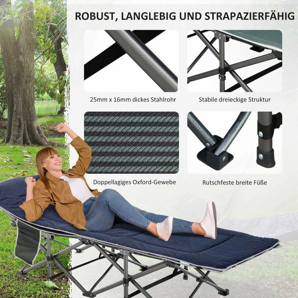 „Outsunny“ sulankstoma kempingo lova, kelioninė lova su pagalve, šonine kišene, čiužiniu, svečių lova, iki 150 kg, skirta kelionėms, lauko darbams, „Oxford“ audinys, tamsiai mėlyna + pilka, 188 x 64,5 x 53 cm