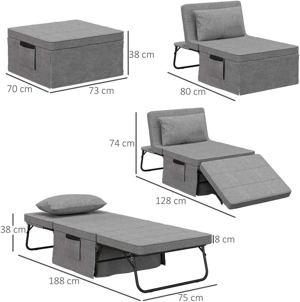 HOMCOM 4-in-1 vienvietė svečių lova, sulankstoma lova-fotelis-pufas, 8 cm čiužinys, 5 padėčių atlošas, plieno rėmas, 188x75x38 cm, pilka
